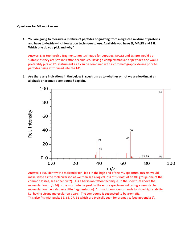 MS Mock Exam Questions and Answers | PDF | Mass Spectrometry ...