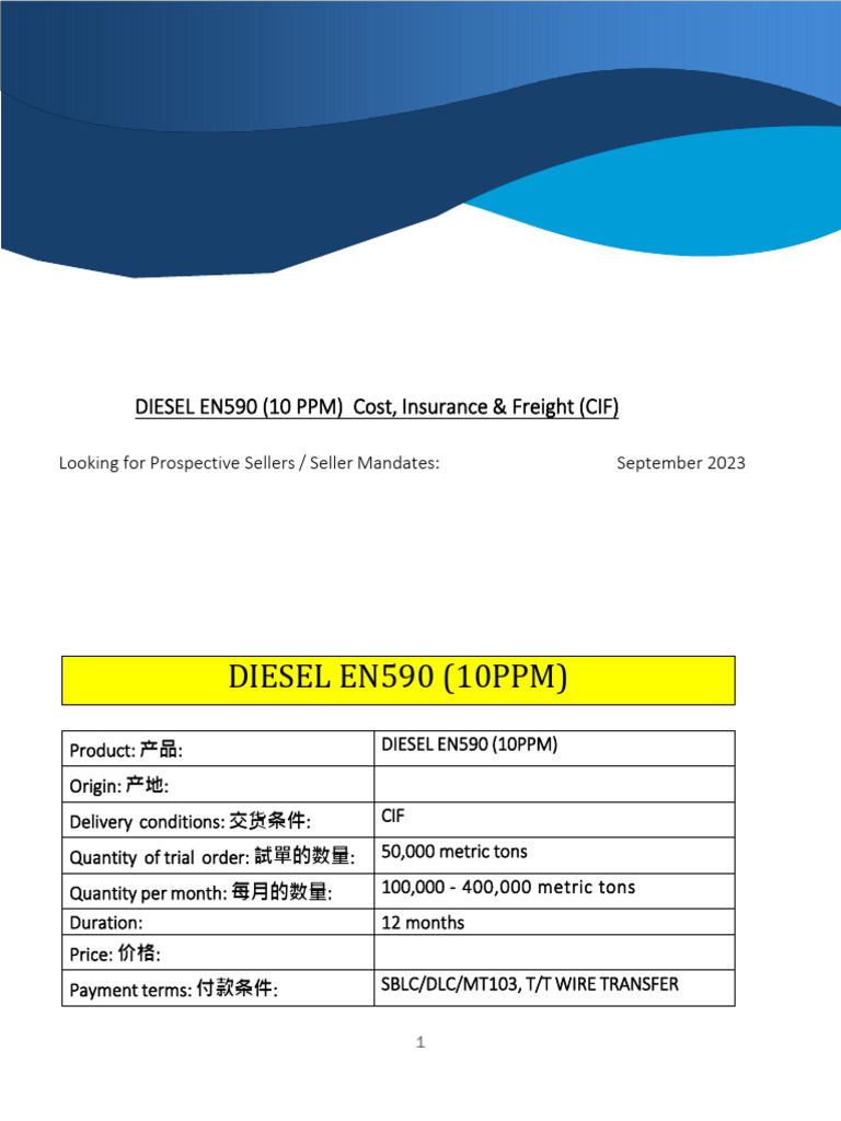 Diesel EN590 Looking For Supply PDF Physical Sciences Chemical