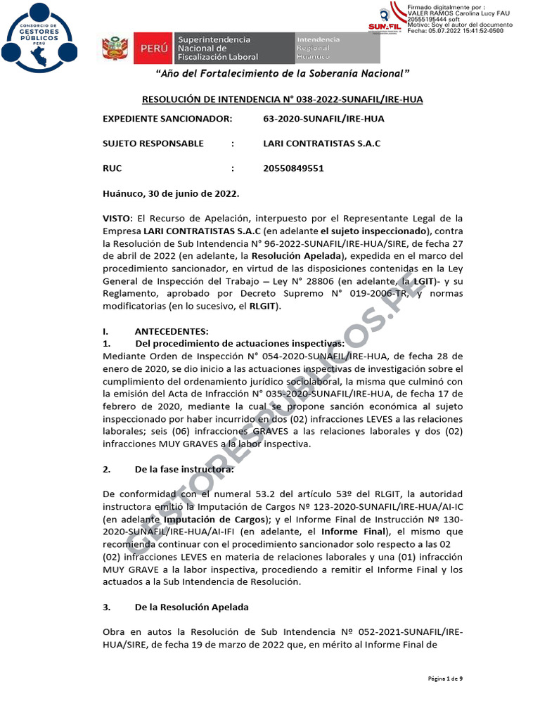 Resolución de Intendencia #038-2022-Sunafil | PDF | Multa (pena