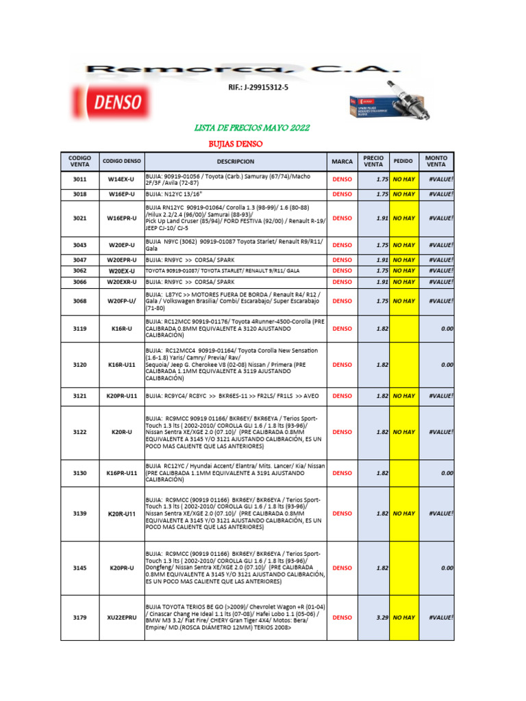 Preços de Bujias Denso e Gat 2022 | PDF | Carro | Introdução de ...