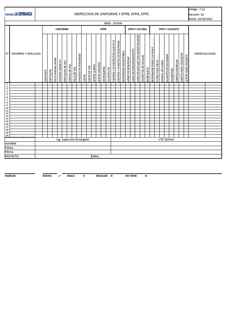 Formato Insp. de Unif. y Eppb Eppa Eppc | PDF