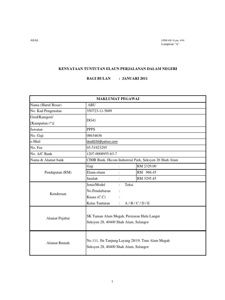 Borang Tuntutan Perjalanan - untuk guru