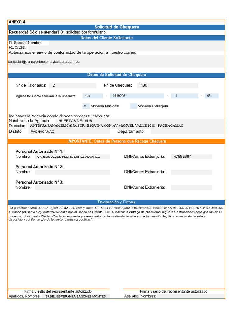 Solicitud de Chequera BCP Huertos del Sur | PDF