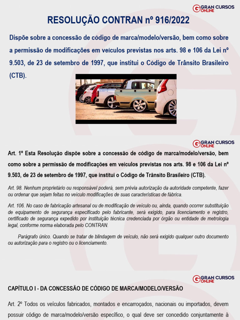 5 - RESOLUÇÃO CONTRAN Nº 916-2022 que revogou a Resolução 291-2008