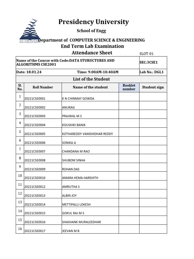 Attendance Sheet for DSA Exam | PDF | Computer Science | Computing