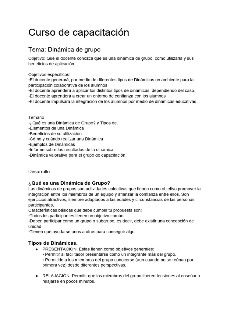 Curso De Capacitación Dinámica De Grupo Pdf Evaluación Cognición