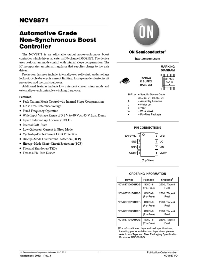 Ncv8871 automotive grade non synchronous boost controller soic 8 d
