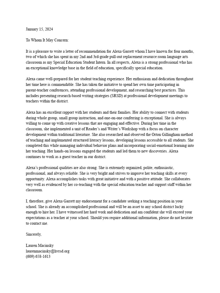 Alexa Garrett Letter of Recommendation | PDF | Teachers | Special Education