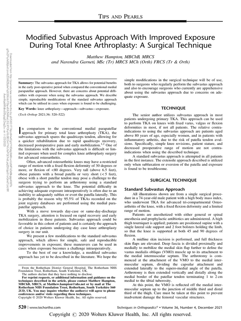 Modified Subvastus Approach With Improved Exposure.40 | PDF | Knee ...