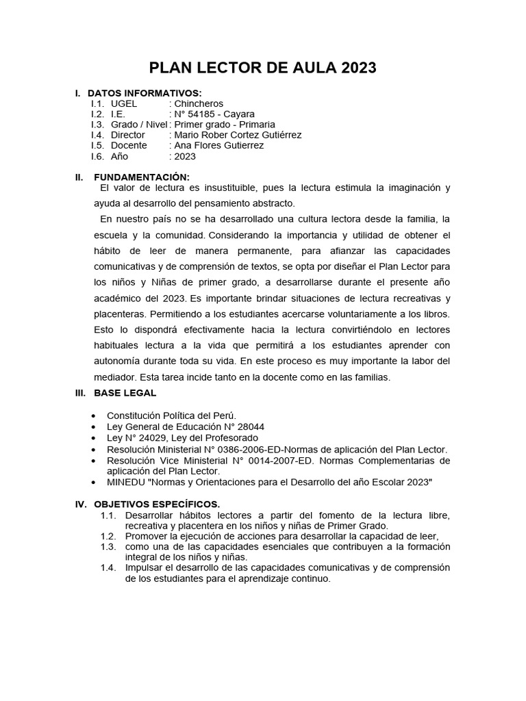 Plan Lector de Aula - Cayara 2023 | PDF | Maestros | Salón de clases