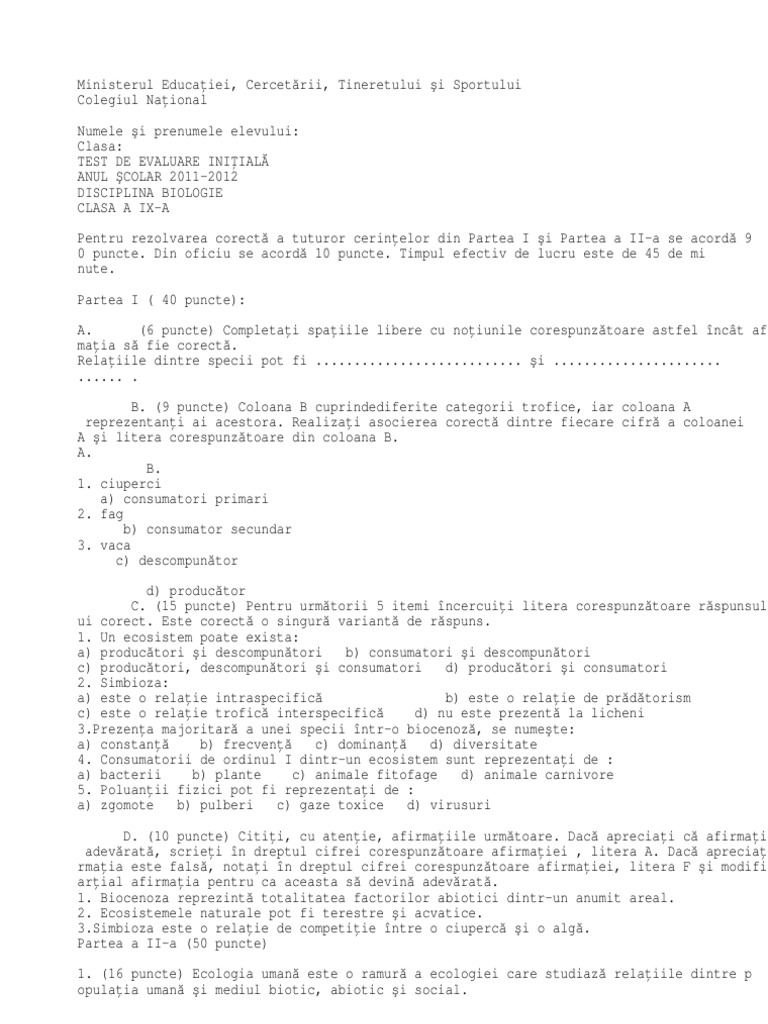Test de Evaluare Initiala Clasa A IXa | PDF