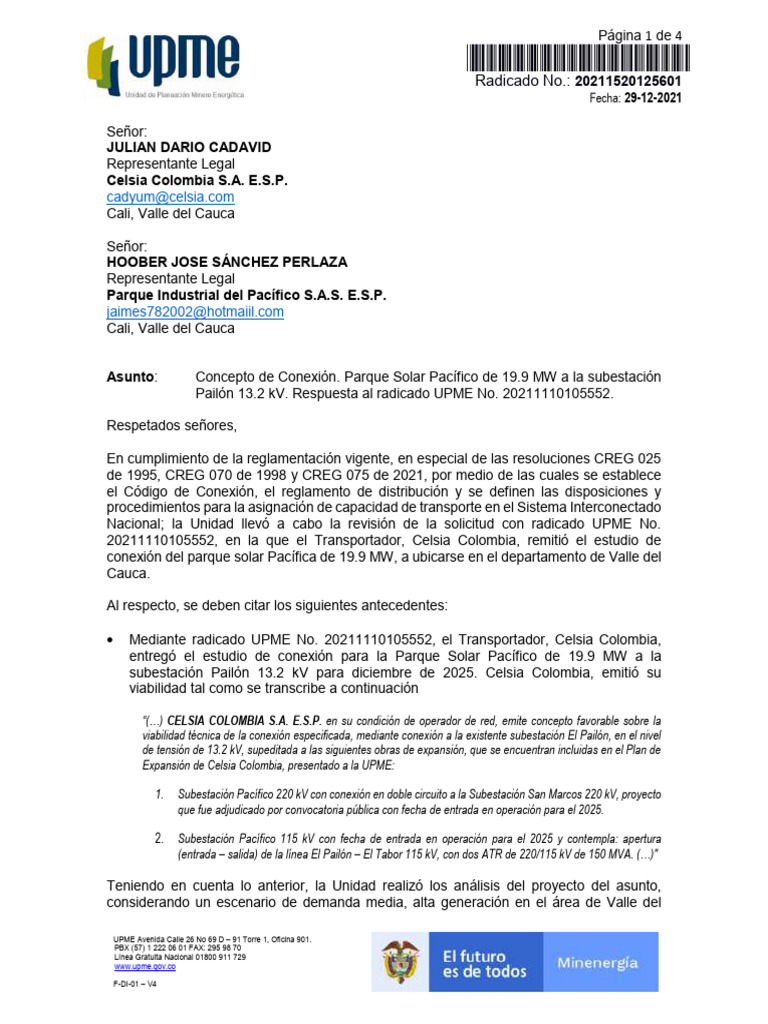111 Concepto Conexion Upme - 20211520125601 | PDF | Ingenieria ...