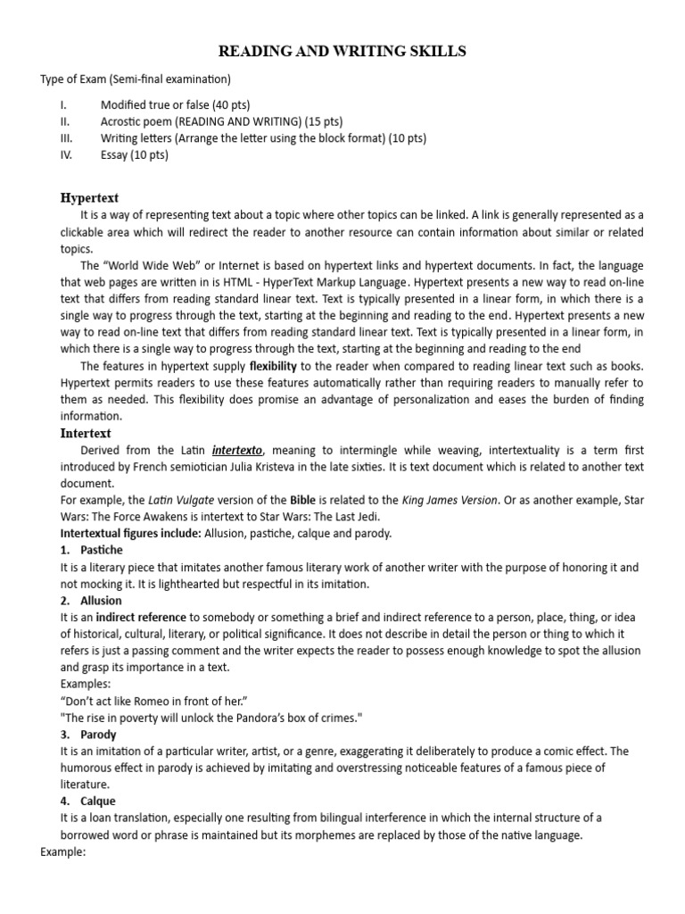 Semifinal Reviewer Reading and Writing Skills PDF