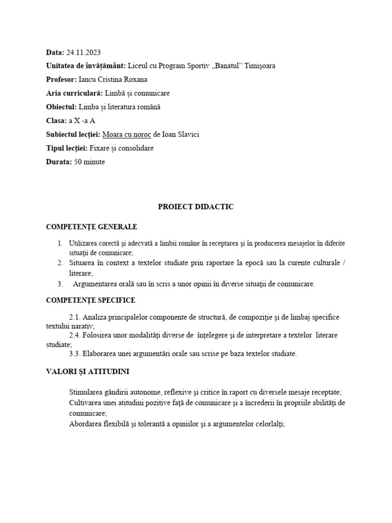 1 Proiect Didactic Moara Cu Noroc | PDF