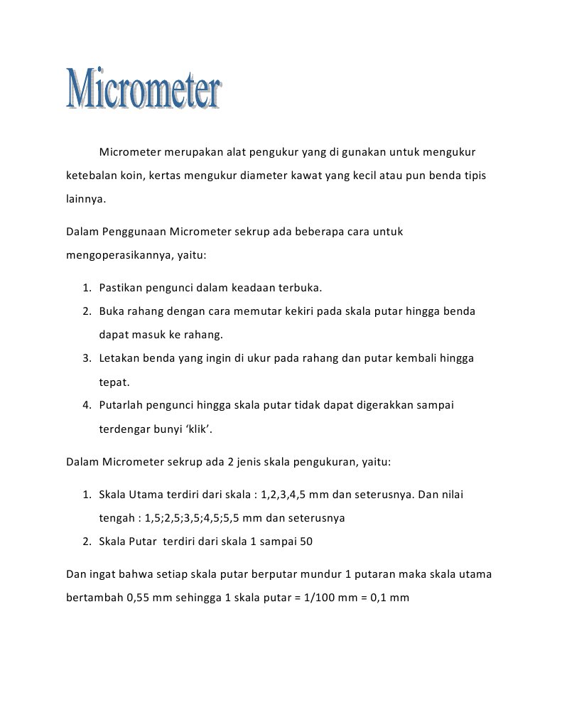Micrometer Merupakan Alat Pengukur Yang Di Gunakan Untuk Mengukur