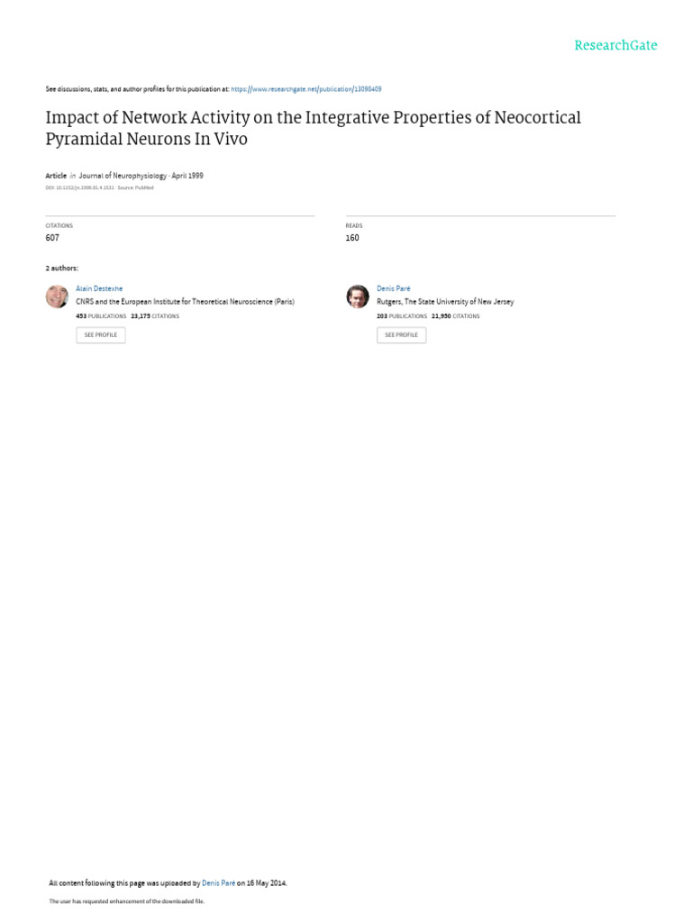 Impact of Network Activity On The Integrative Prop | PDF | Synapse ...