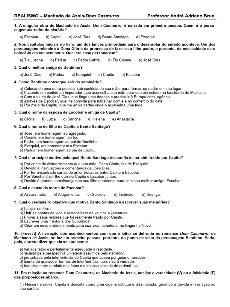 Questões sobre Dom Casmurro e Análise | PDF