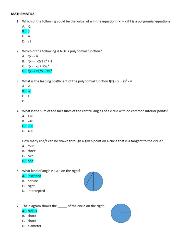 Circle and Polynomial Function Problems | PDF | Circle | Tangent