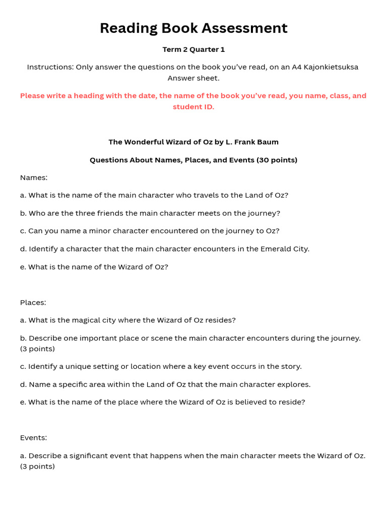 Reading Book Assessment | PDF | The Wonderful Wizard Of Oz | Emerald City