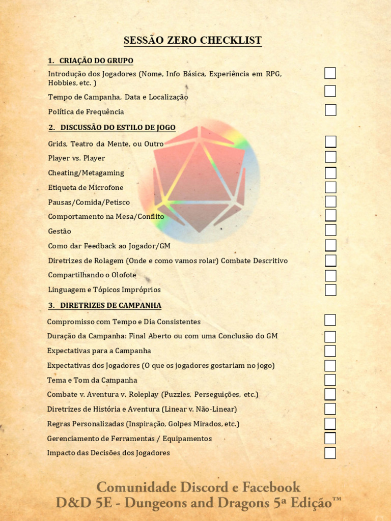Checklist para Sessão Zero de RPG | PDF | Jogos de RPG