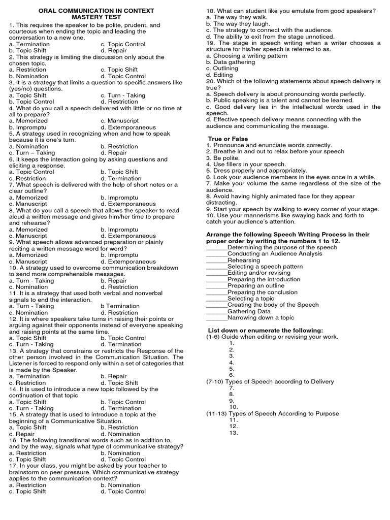 Oral Communication Mastery Test Guide | PDF