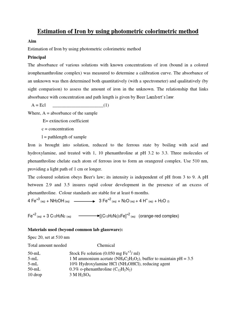 Estimation of Iron by Using Photometric Colorimetric Method