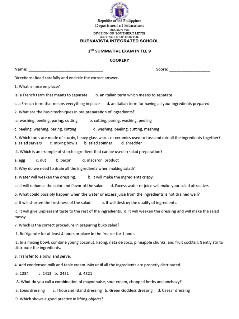 Tle 9 Cookery 2nd Quarter Examination Pdf Salad Mayonnaise