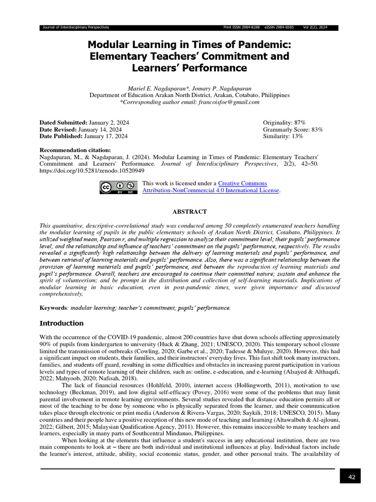 Modular Learning in Times of Pandemic Elementary Teachers’ Commitment ...