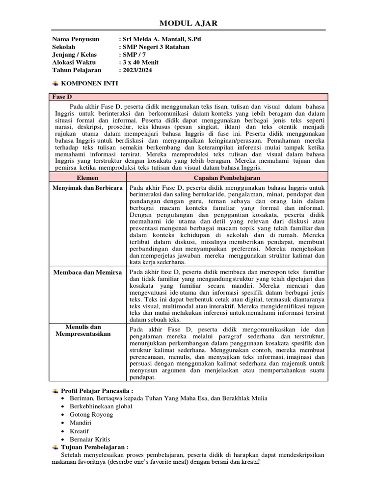 Modul Ajar Bahasa Inggris Modul Ajar Chapter 2 Culinary And Me Fase