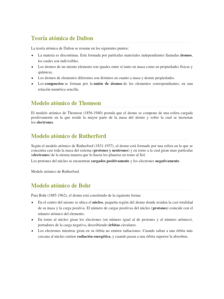 Teoría Atómica de Dalton y Modelos | PDF | Átomos | Sustancias químicas