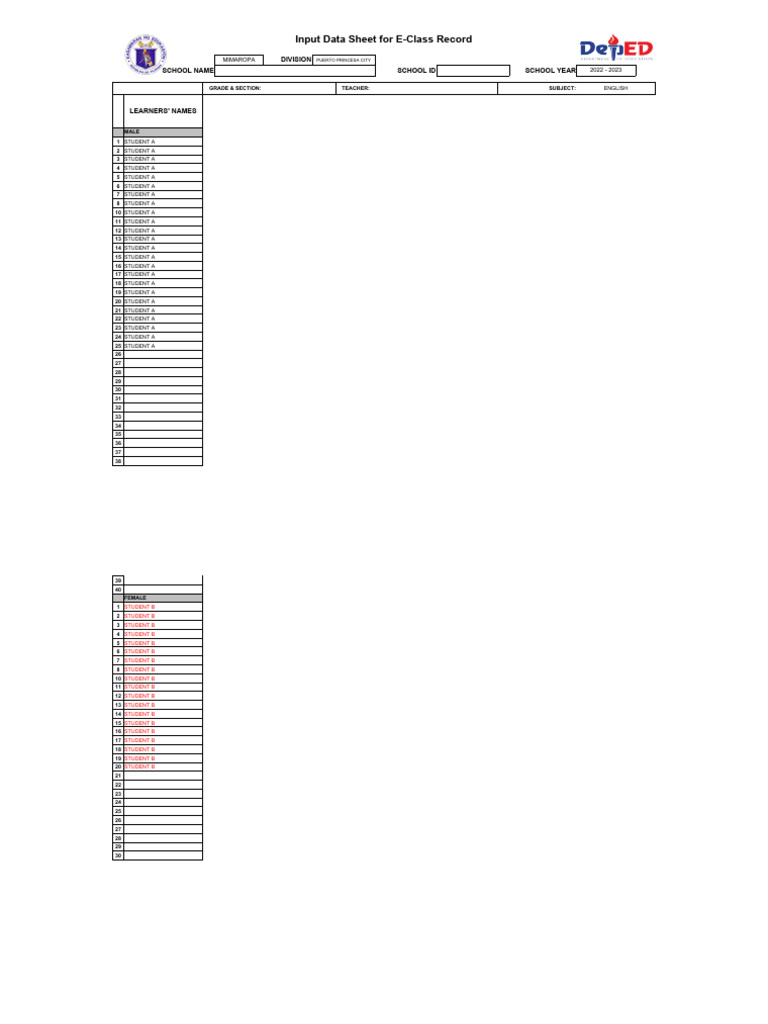 E Class Record Sample Pdf Learning