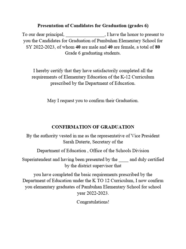 Presentation of Grade 6 Graduates | PDF