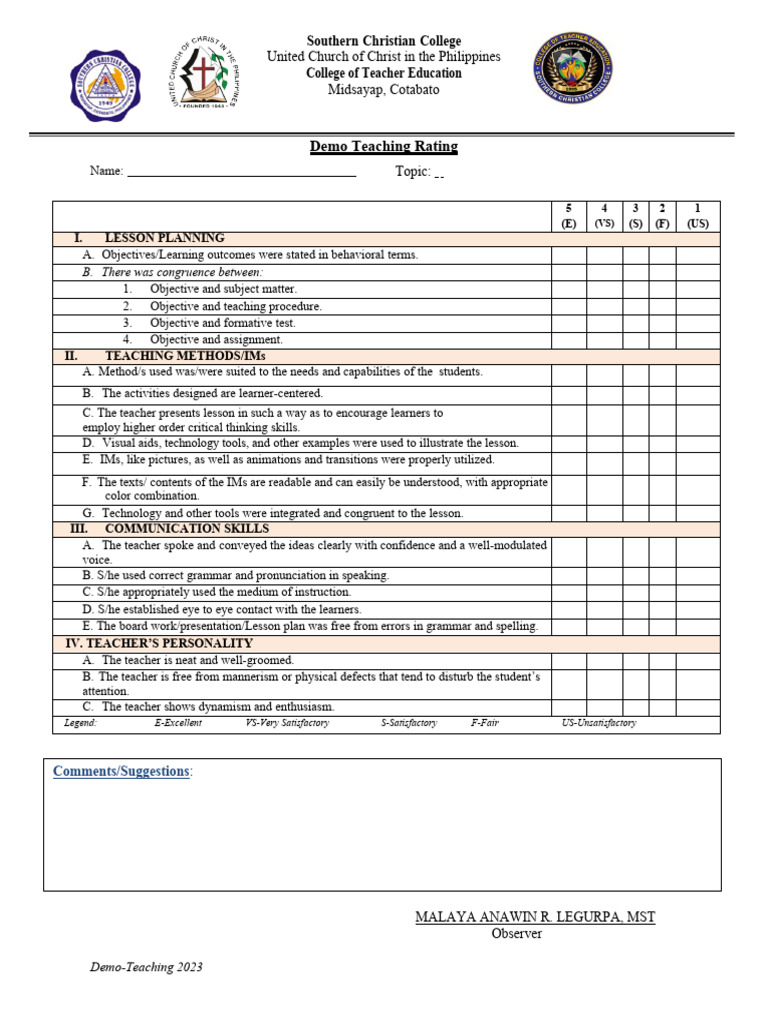 Demo Teaching Rating Sheet | PDF | Teachers | Learning