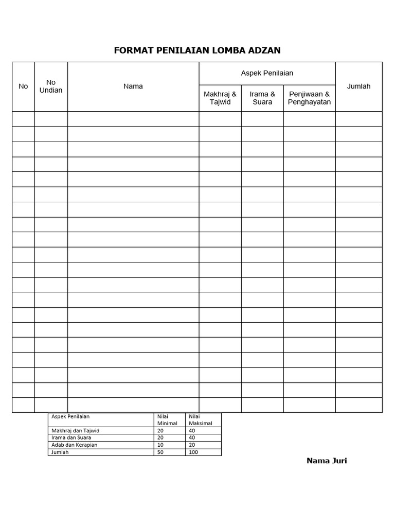 Format Penilaian Lomba Adzan | PDF