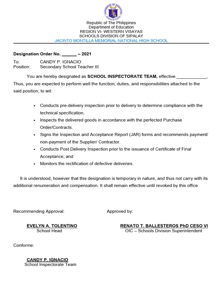 School Inspectorate Team Designation Order | PDF