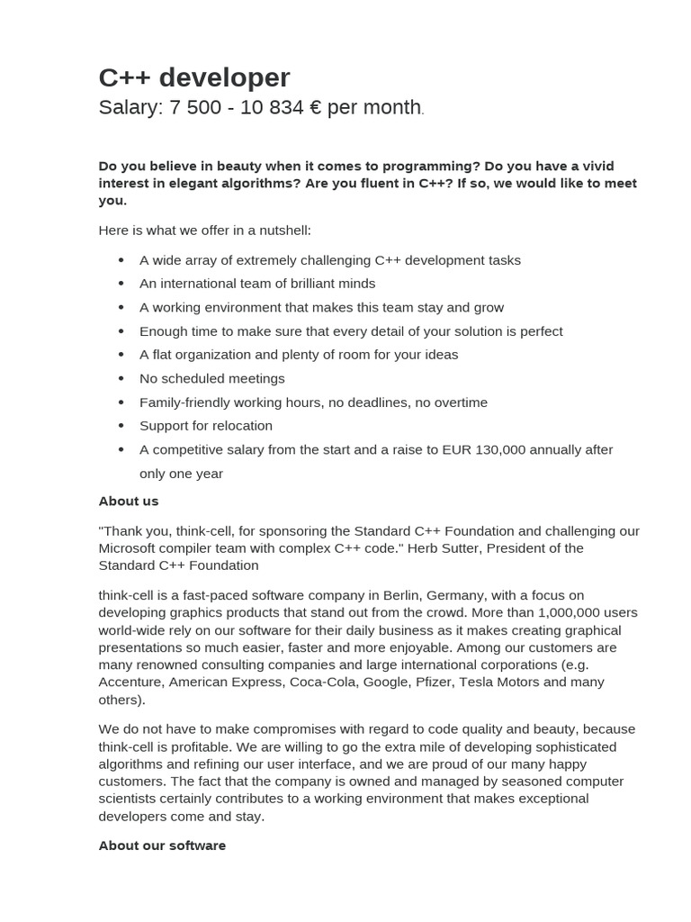 C++ Developer: Salary: 7 500 - 10 834 Per Month | PDF | C++ | Software