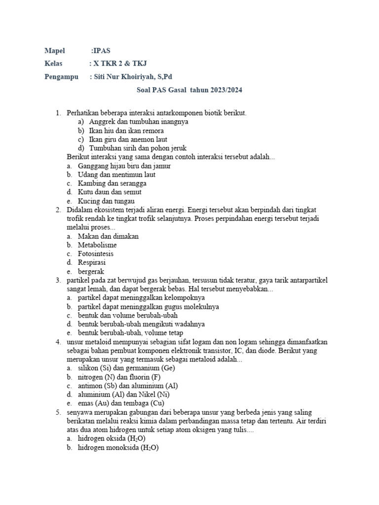 Soal PAS Gasal IPAS Kelas X TKR & TKJ | PDF | Sains & Matematika