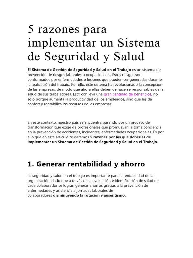 5 Razones para Implementar Un Sistema de Seguridad y Salud | PDF ...