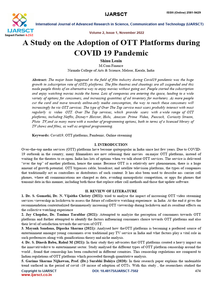A Study On The Adoption of OTT Platforms During COVID 19 Pandemic | PDF ...