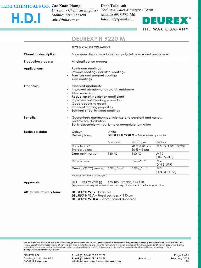 TDS - DeUREX H 9220 M - Micronized Hybrid Wax - H.D.I Chemicals Co ...