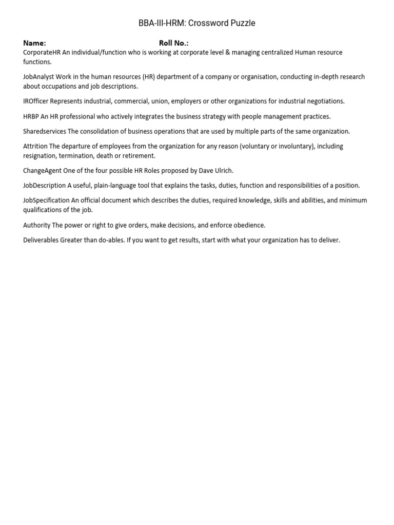 Crossword Puzzle PDF Human Resources Labor Relations