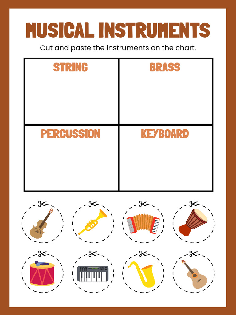 Musical Instruments Brown White English Cut and Paste Worksheet PDF