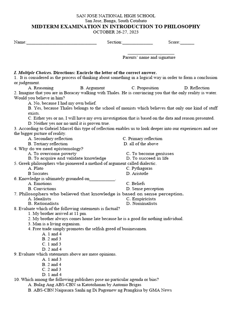 Midterm Exam: Introduction to Philosophy | PDF | Reason | Knowledge