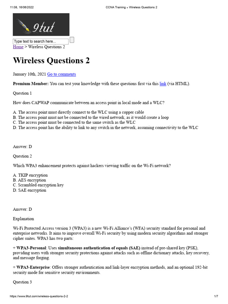 CCNA Wireless Exam Practice Questions | PDF | Wireless Lan | Wireless ...