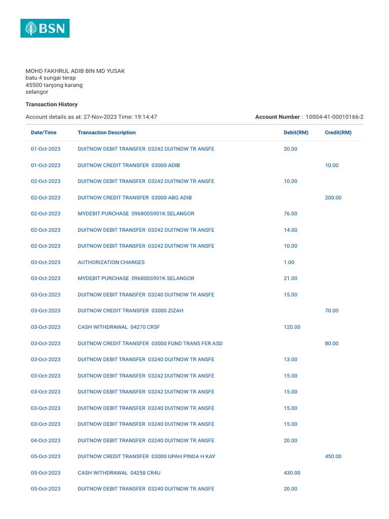myBSN - Transaction History - Bank Simpanan Nasional | PDF