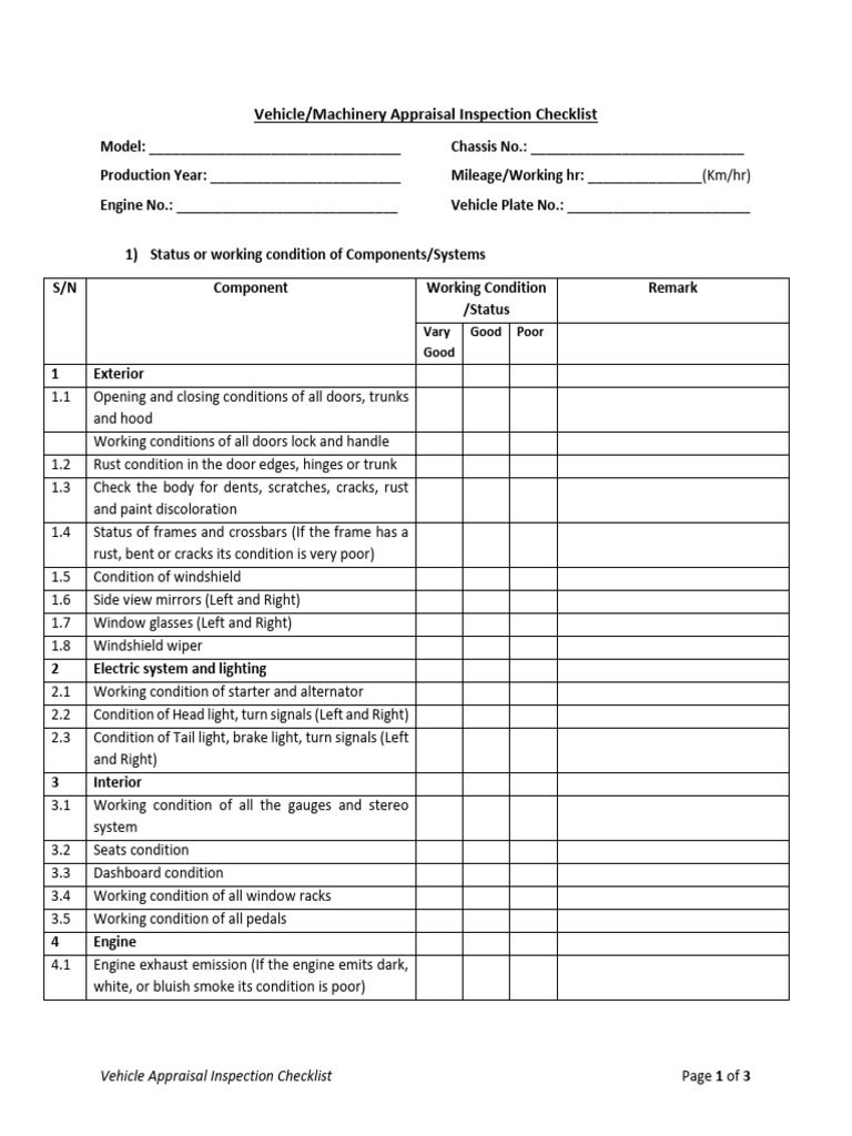 Vehicle Uppraisal Inspection Checklist | Download Free PDF | Steering ...