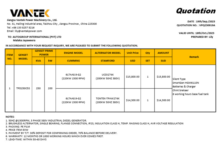 Diesel Generator Quotation Details | PDF | Vehicle Technology | Energy ...