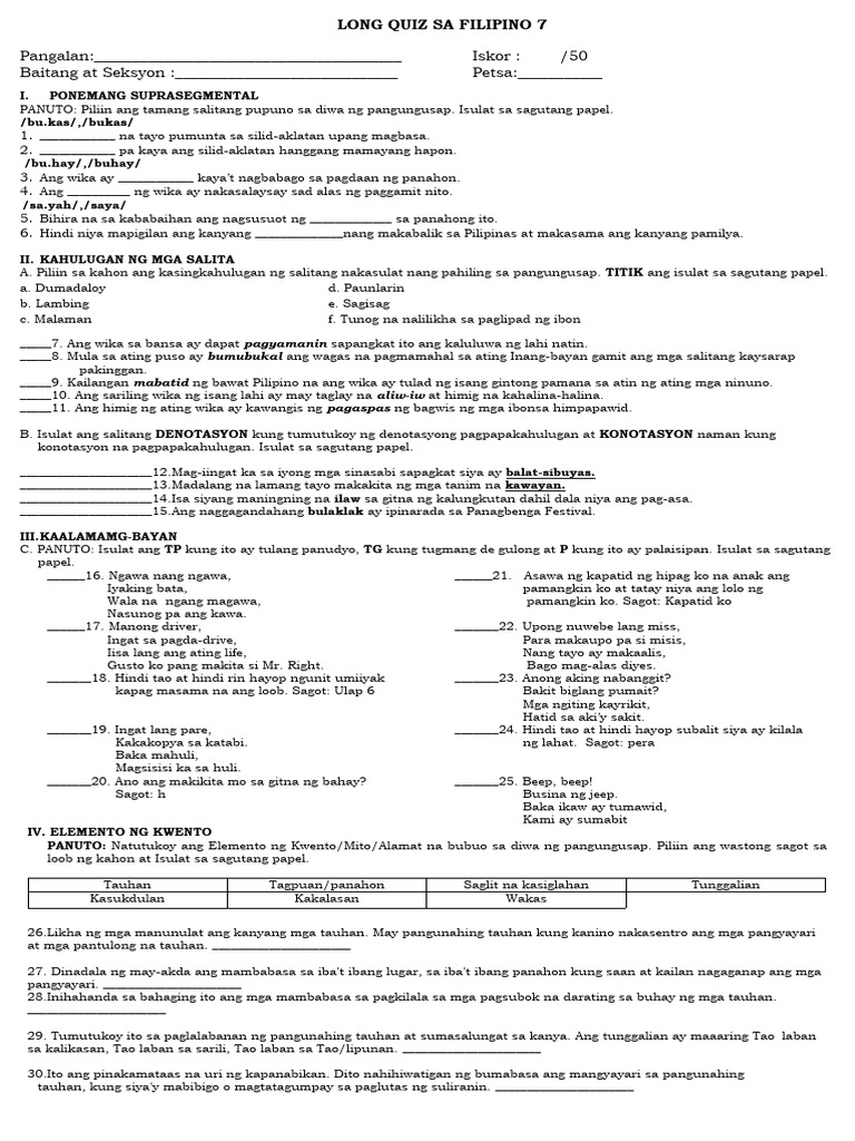 Long Quiz Sa Filipino 7 Pdf