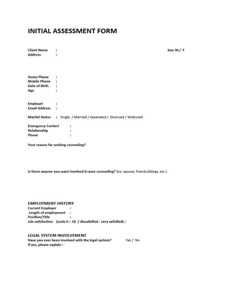 Initial Assessment Form | PDF | Anxiety | Behavioural Sciences