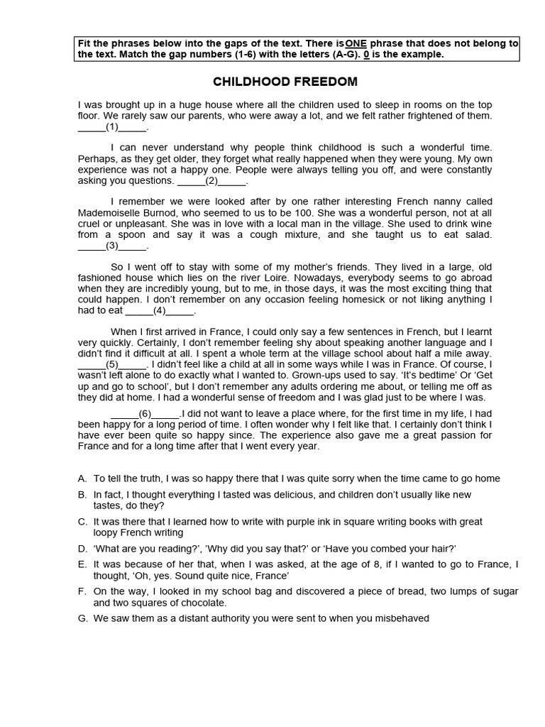B1 Reading-Gapped Sentences-Childhood Freedom | PDF | Language Arts ...